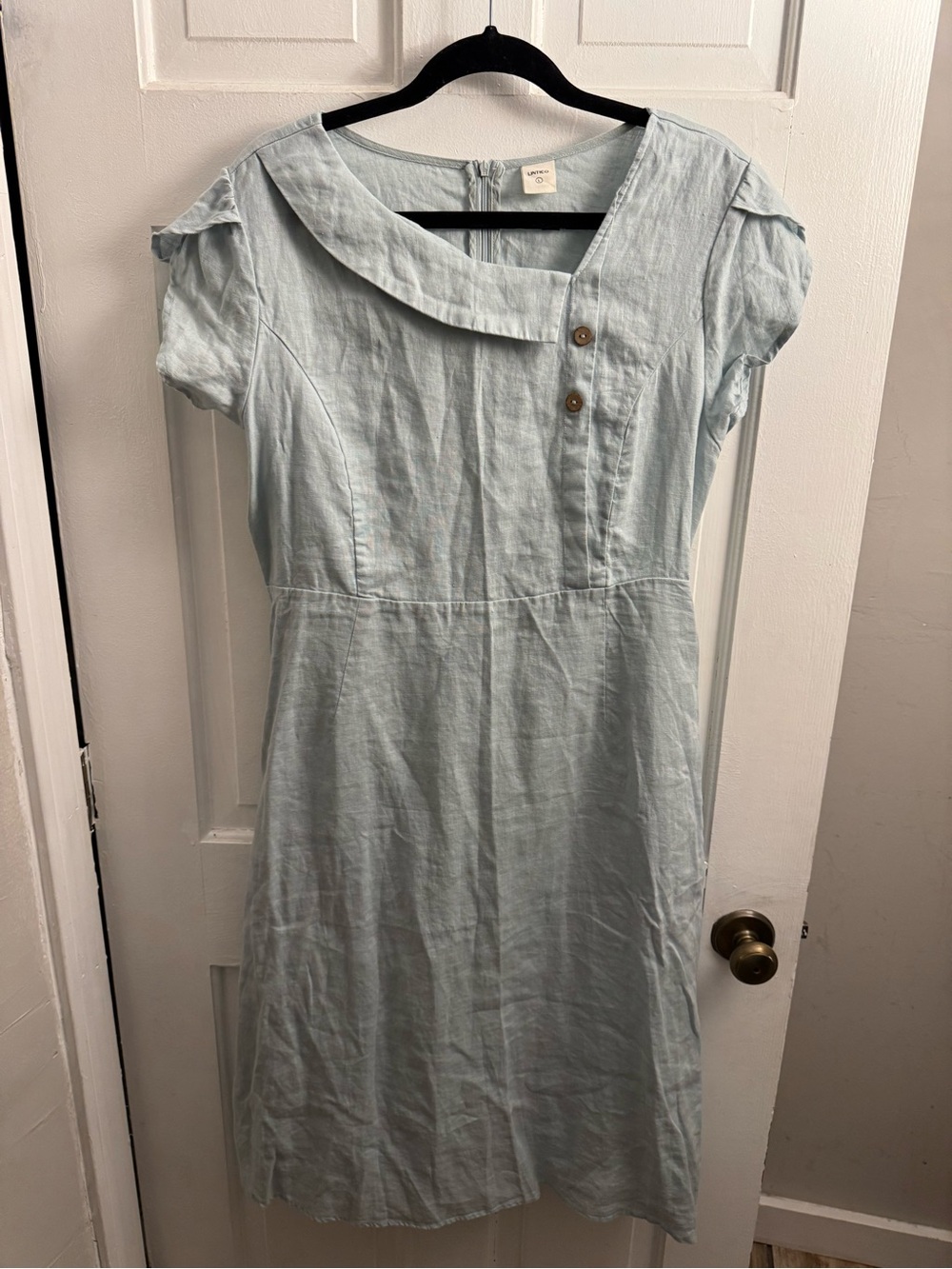 LINTICO Light Blue Midi Linen Dress with Asymmetric Collar
